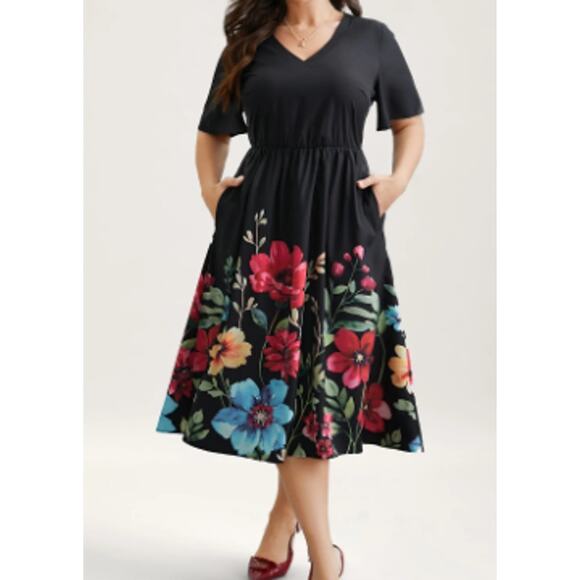 BLOOMCHIC 14-16 1X PLUS Black Floral Print V-Neck Half-Sleeve Midi Dress NWT B50 - Picture 1 of 12